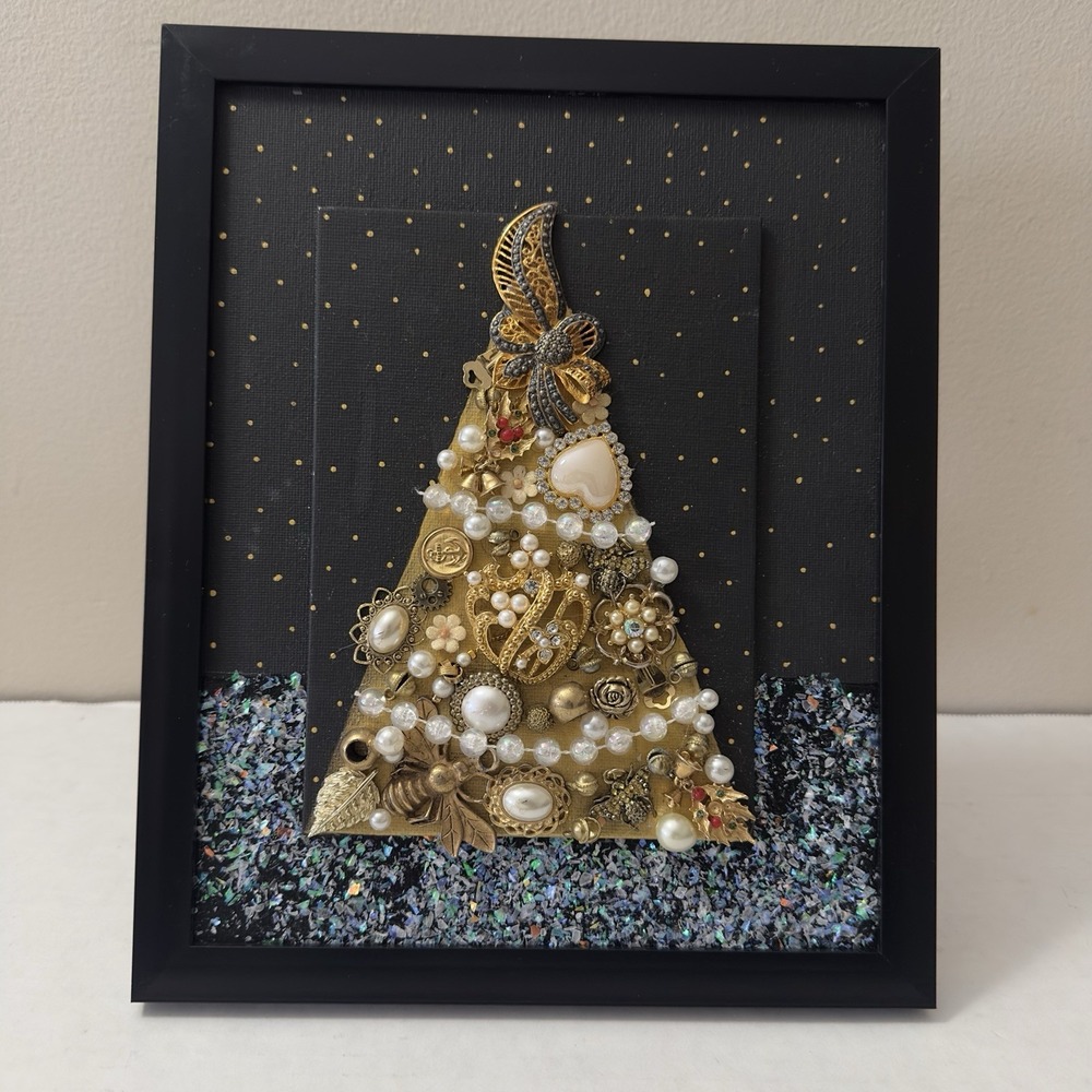 Vintage Costume Jewelry Christmas Tree Framed Art Collage Brooch Rhinestone OOAK